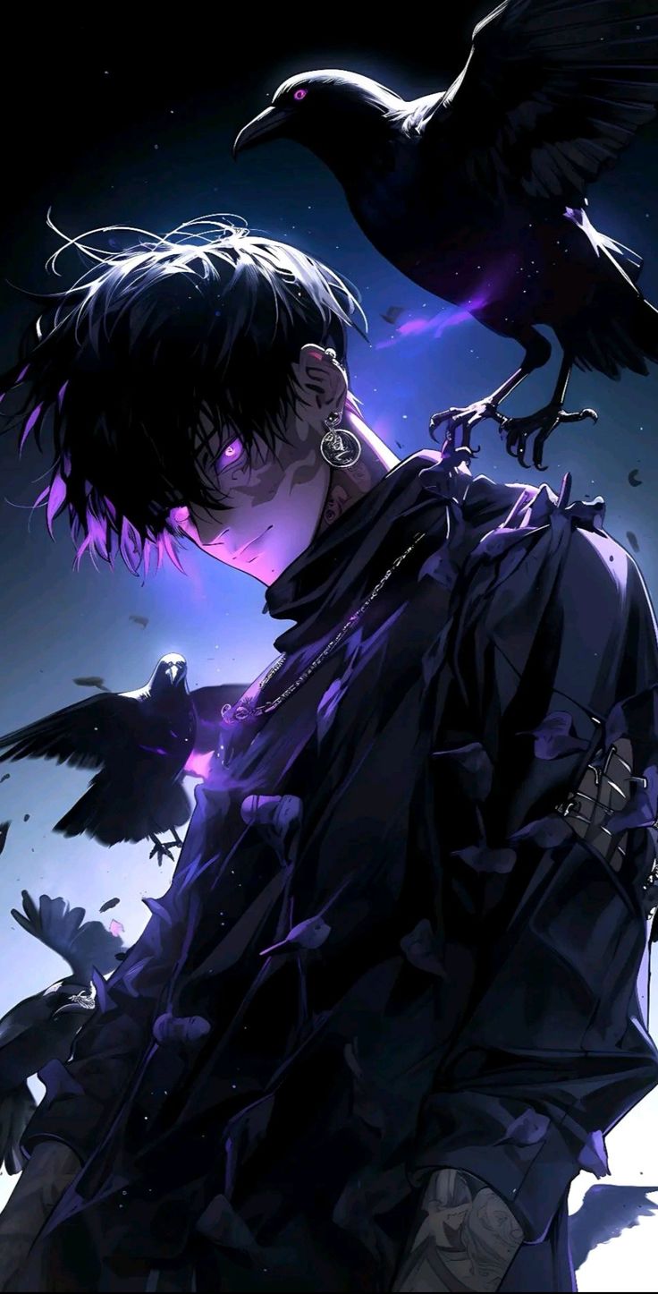 a man with black hair and two crows on his shoulder, staring at the sky