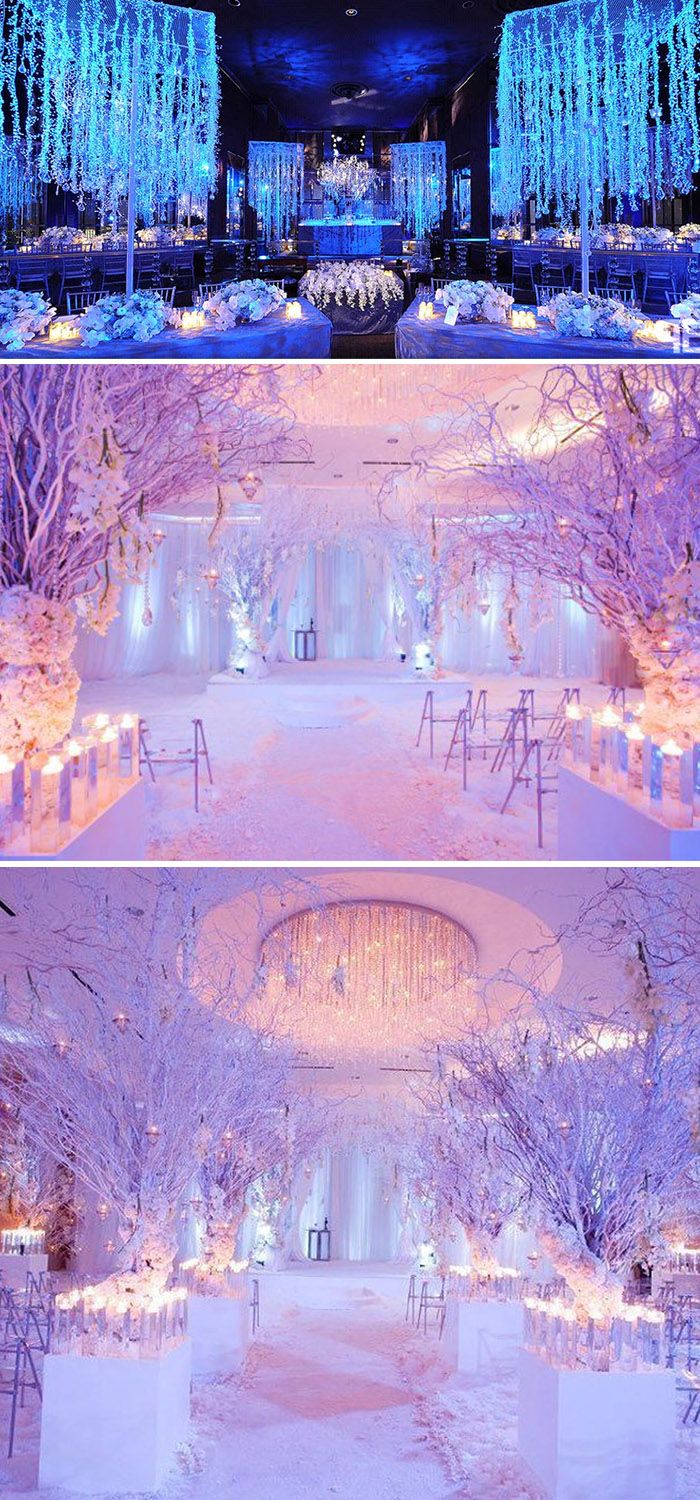 two pictures of the inside and outside of a building with snow covered trees in it