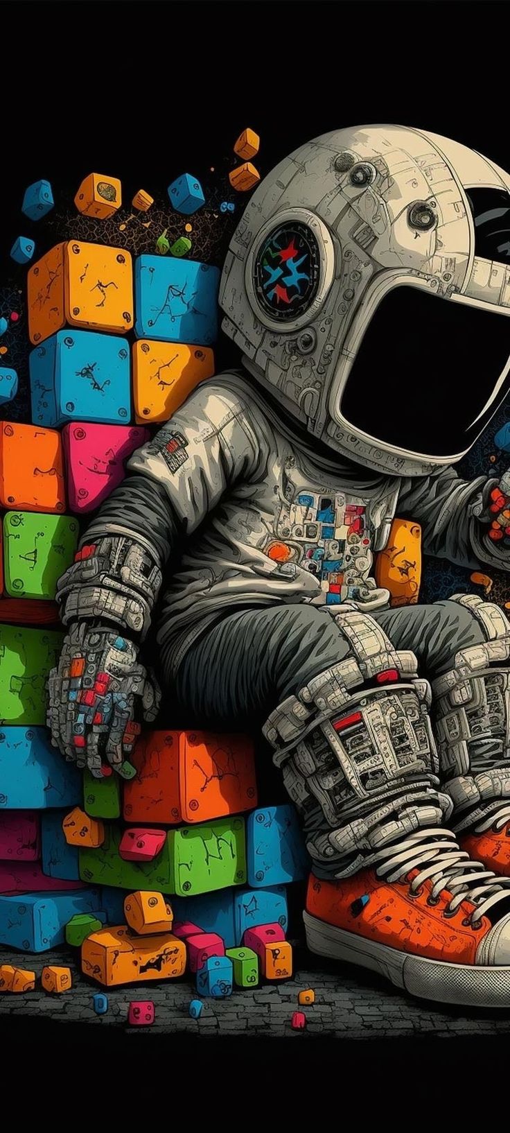 an astronaut sitting on top of colorful cubes with his feet propped up in the air