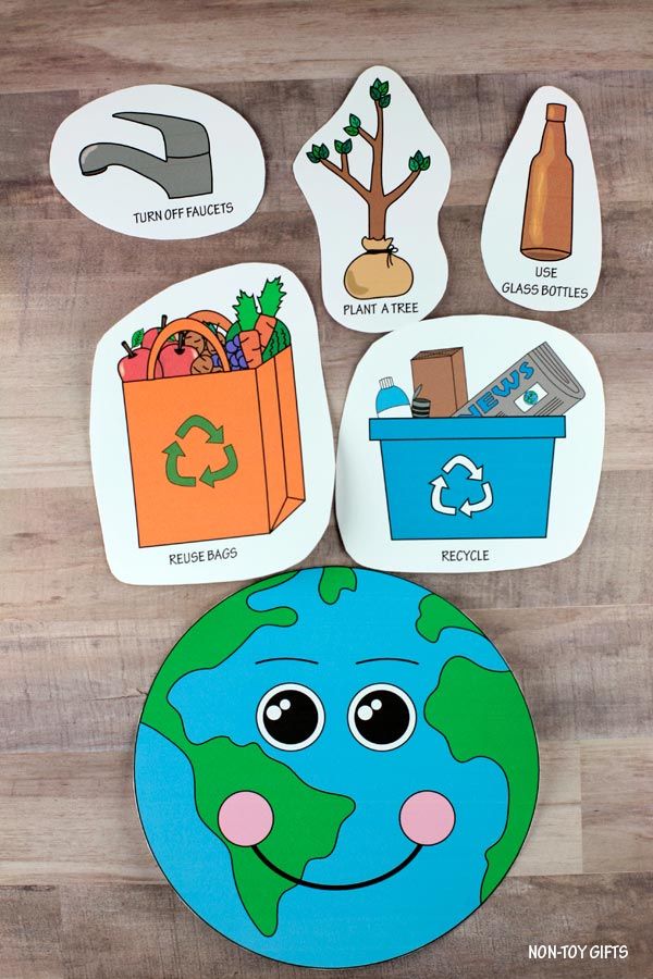 the earth has different things on it and is surrounded by stickers that say recycling