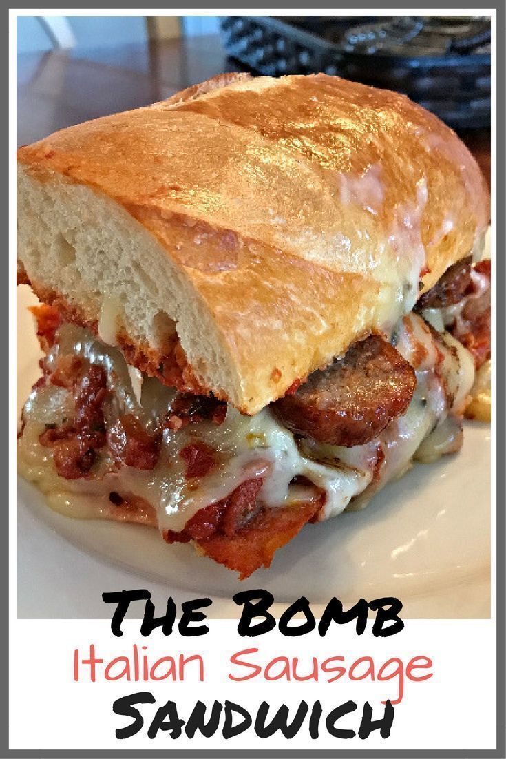 a close up of a sandwich on a plate with the words, the bomb italian sausage sandwich