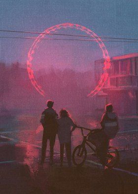 three people standing in front of a pink circle