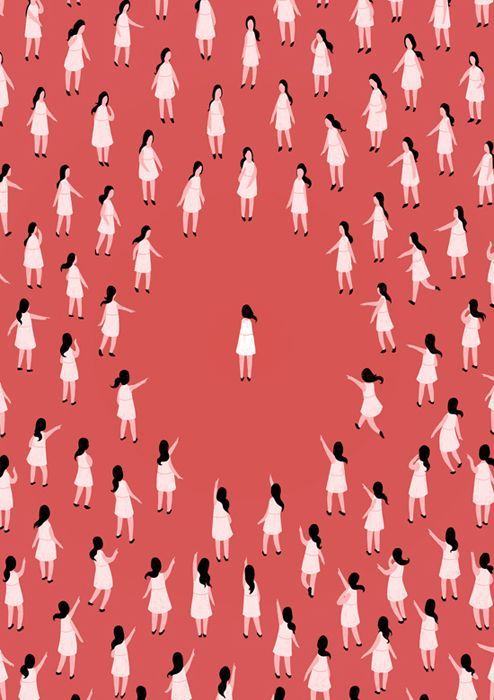 an image of many people standing in the shape of a circle on a red background