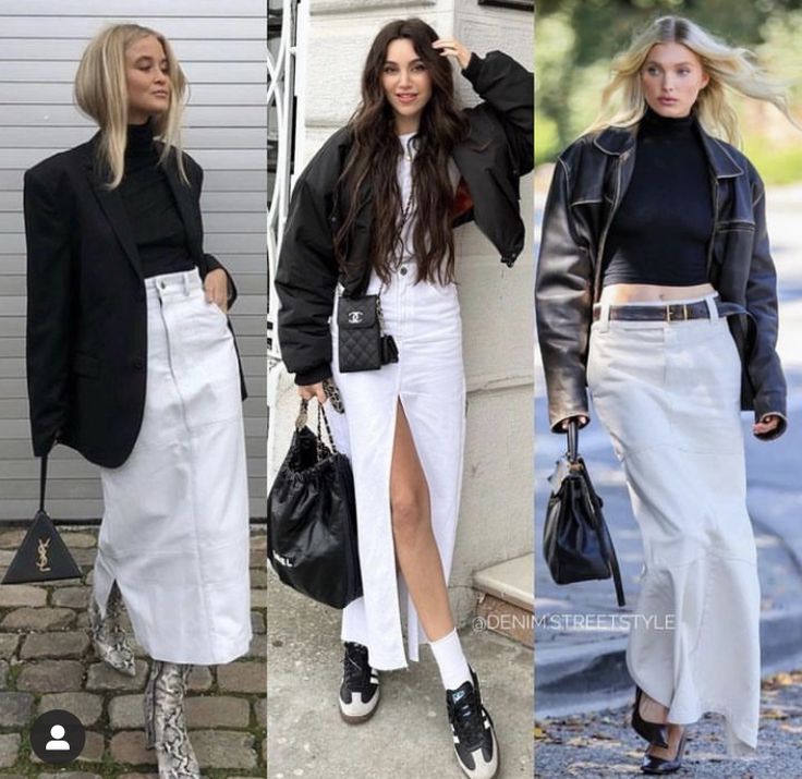 White Denim Skirt Outfit Winter, White Denim Maxi Skirt Outfit, White Denim Midi Skirt Outfit, White Leather Skirt Outfit, White Denim Maxi Skirt, White Denim Skirt Outfit, Denim Skirt Outfit Winter, How To Style A Denim Skirt, Winter Maxi Skirt Outfit