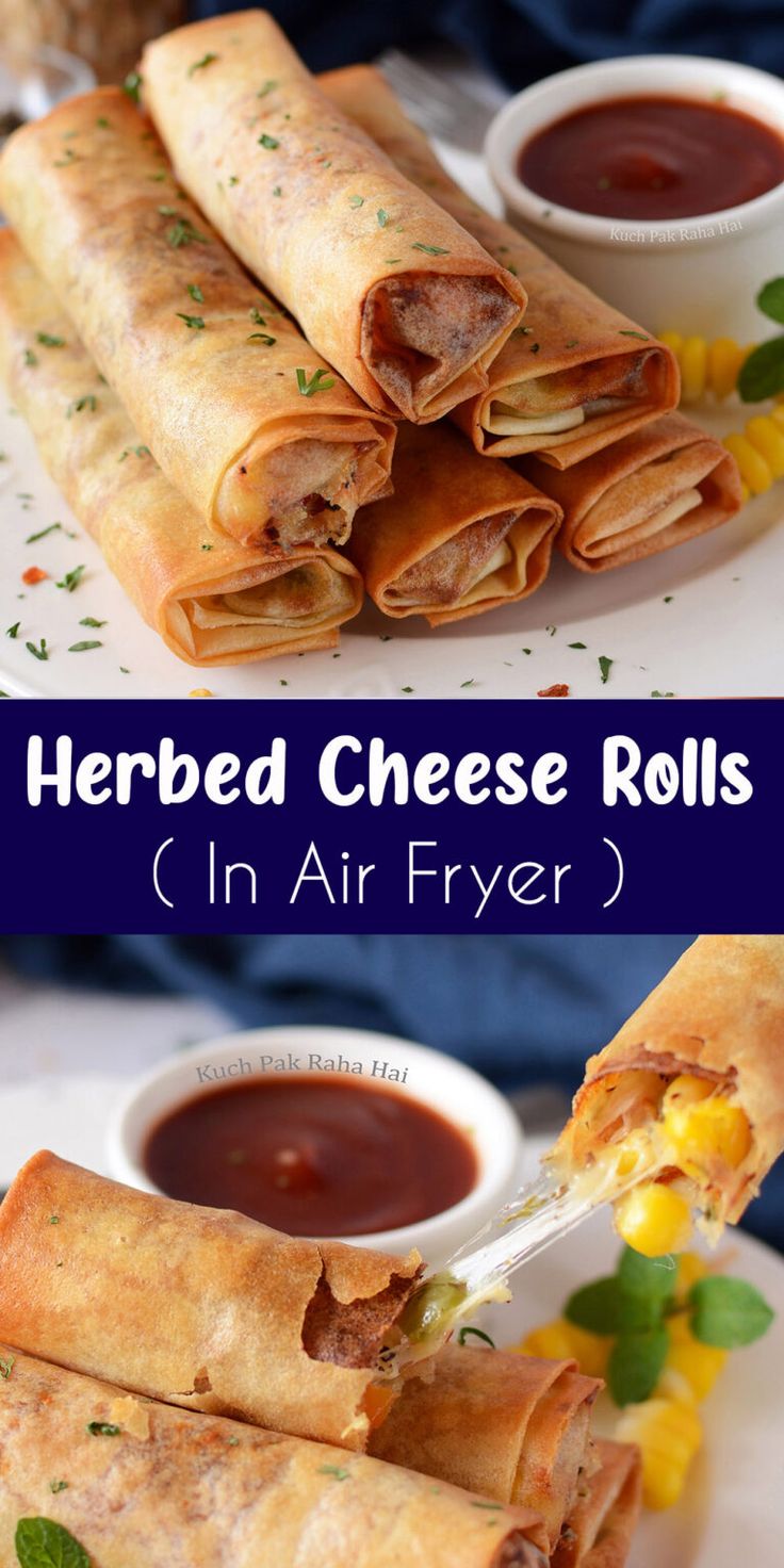 there is a plate with some food on it and the words herbed cheese rolls in air fryer