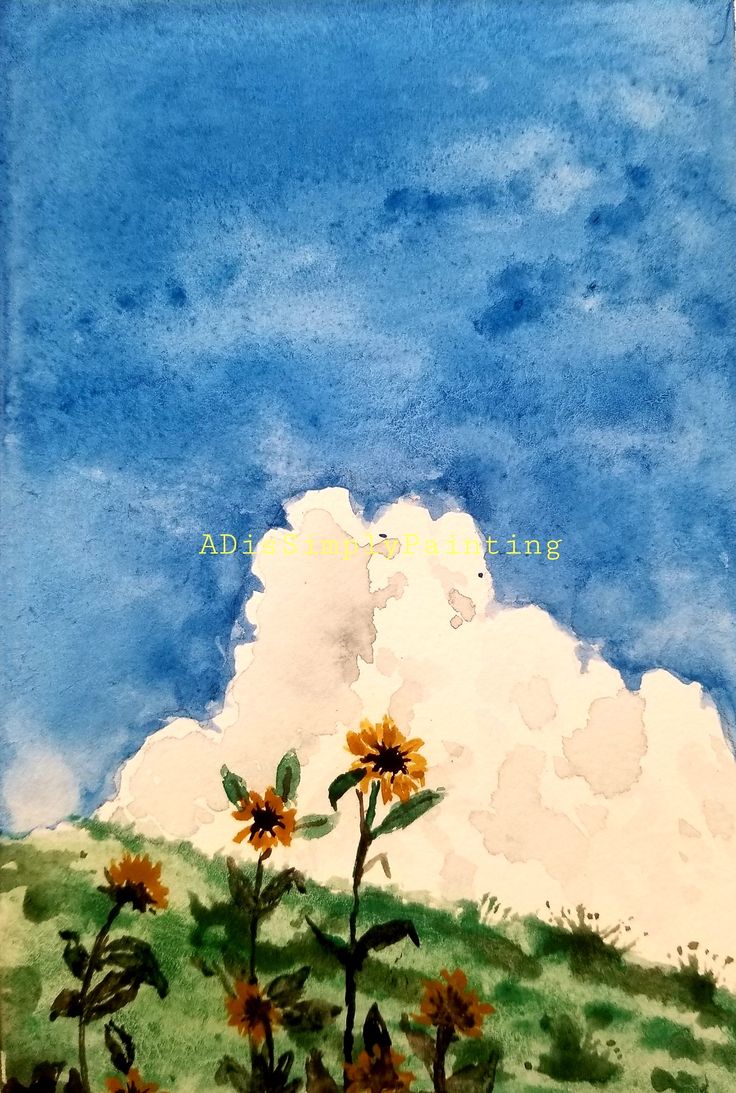 a watercolor painting of sunflowers and clouds