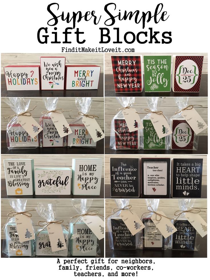 some cards and tags are hanging on the wall with words that read, super simple gift blocks