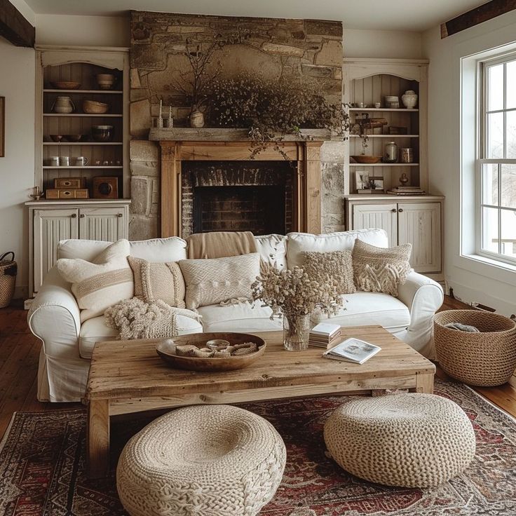 a living room filled with furniture and a fire place