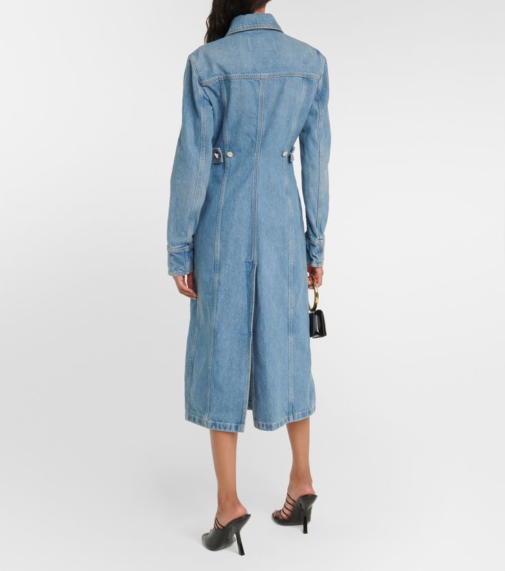 Cotton Denim Shirt Dress in Blue - Ferragamo | Mytheresa Cotton Denim Midi Dress With Button Closure, Cotton Midi Denim Dress With Button Closure, Elegant Buttoned Cotton Denim Dress, Elegant Cotton Denim Dress With Buttons, Elegant Buttoned Denim Dress, Elegant Ribbed Collar Top, Washed Cotton Denim Dress For Work, Cotton Washed Denim Dress For Work, Washed Denim Dress For Work