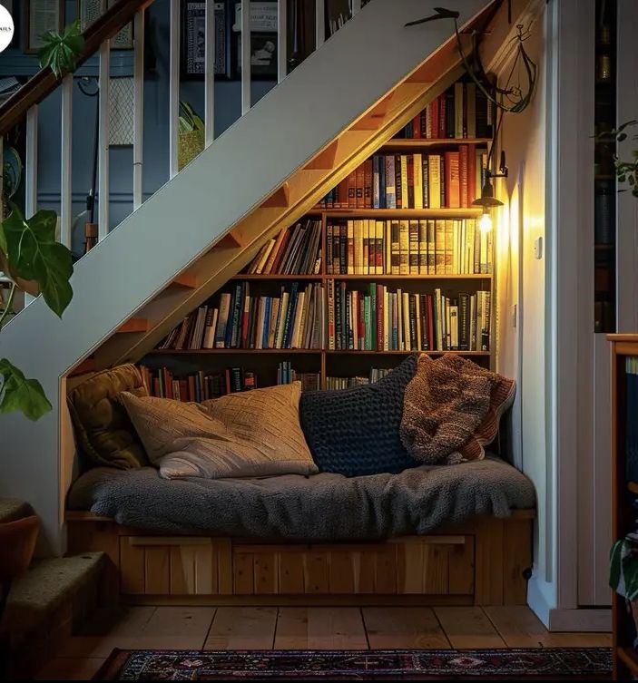 a room with bookshelves and a couch under the stairs in front of it