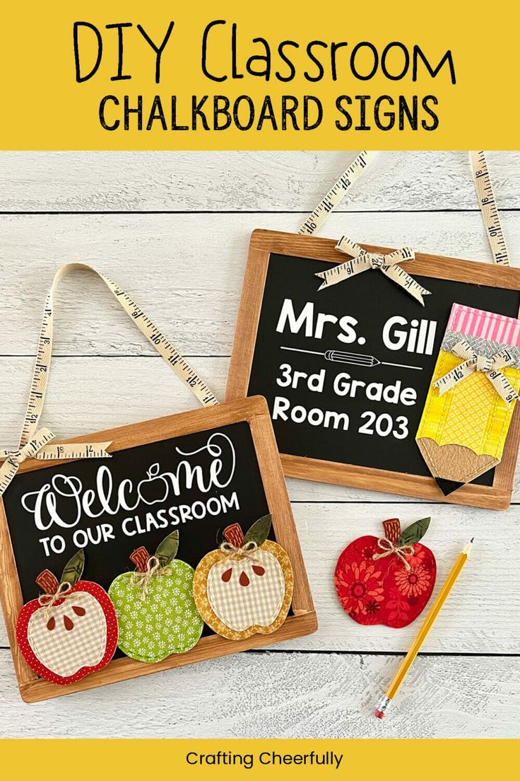 two chalkboard signs with the words, diy classroom chalkboard signs