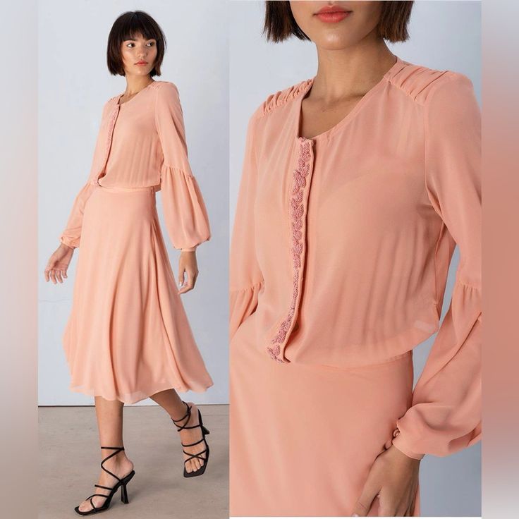 Very Elegant Style Elegant Apricot Chiffon Dress, Feminine Spring Evening Chiffon Dress, Feminine Evening Chiffon Dress For Spring, Elegant Apricot Evening Dress, Feminine Chiffon Midi Evening Dress, Feminine Midi-length Chiffon Evening Dress, Feminine Evening Chiffon Midi Dress, Elegant Apricot Dress With Ruffles, Elegant Midi-length Chiffon Dress For Brunch