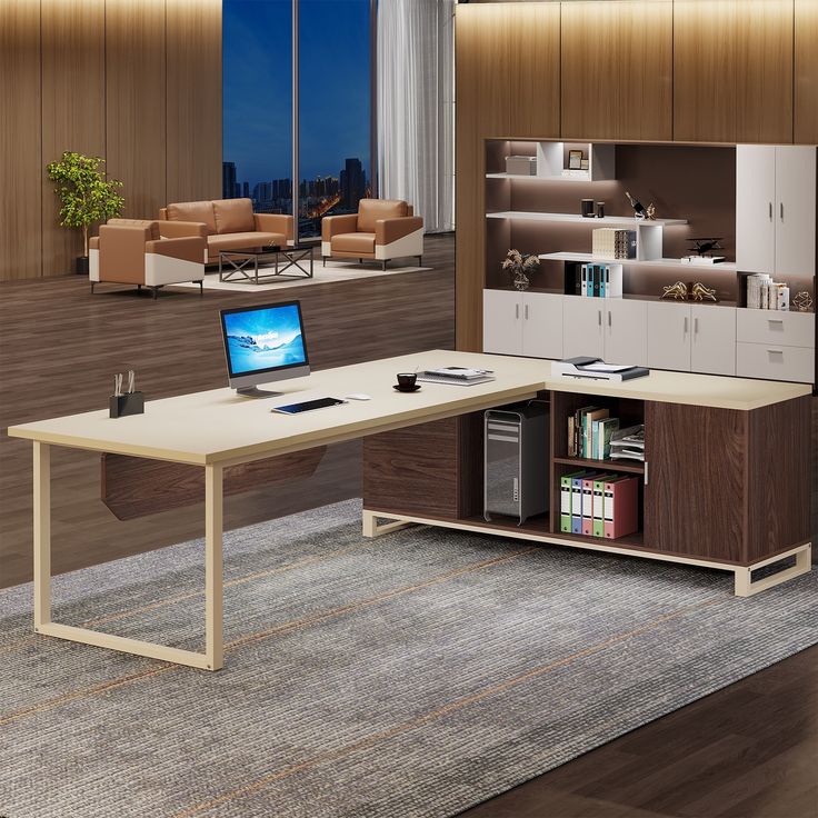 a computer desk with a laptop on top of it in an office setting at night