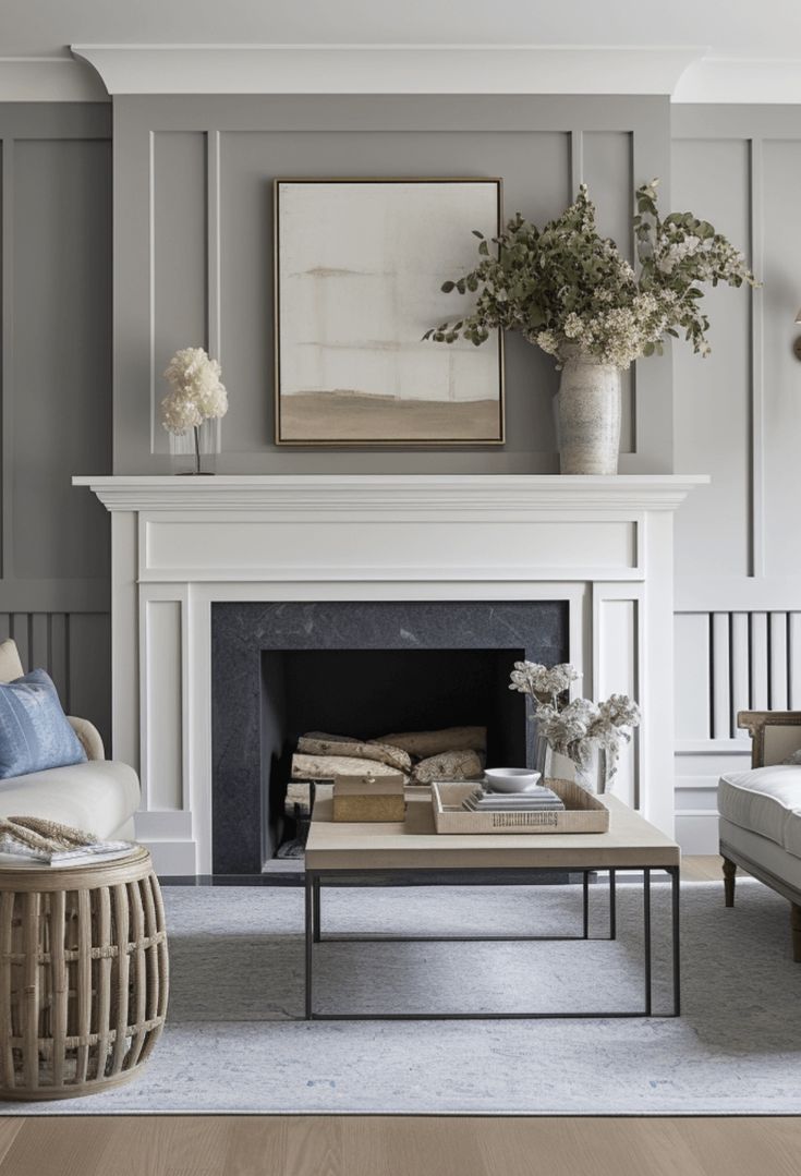 a living room with gray walls and white furniture in front of a fire place that has a painting on the wall