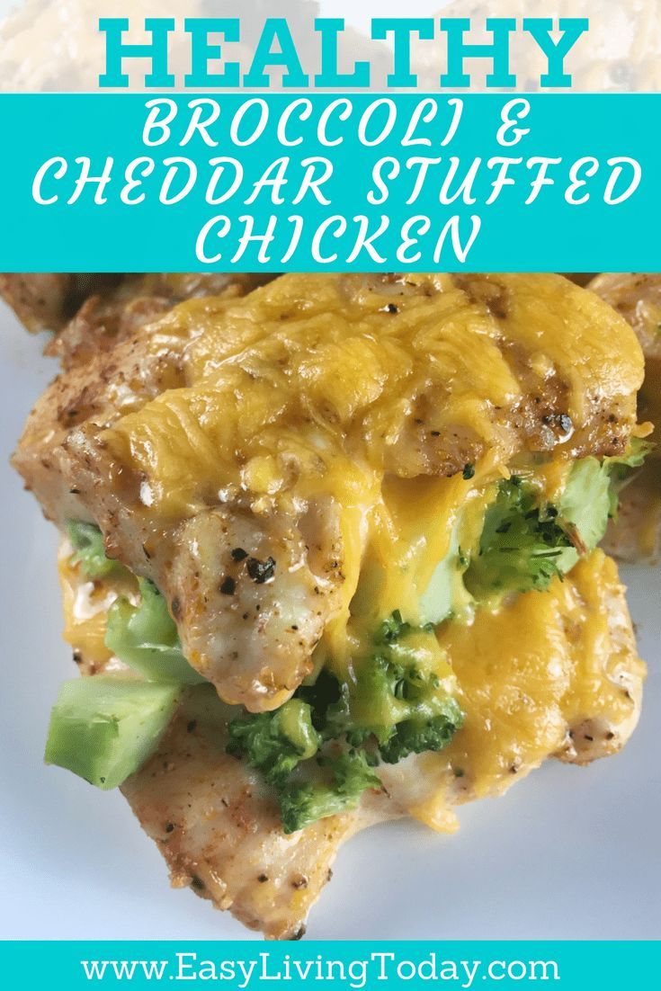 broccoli and cheddar stuffed chicken on a white plate with text overlay