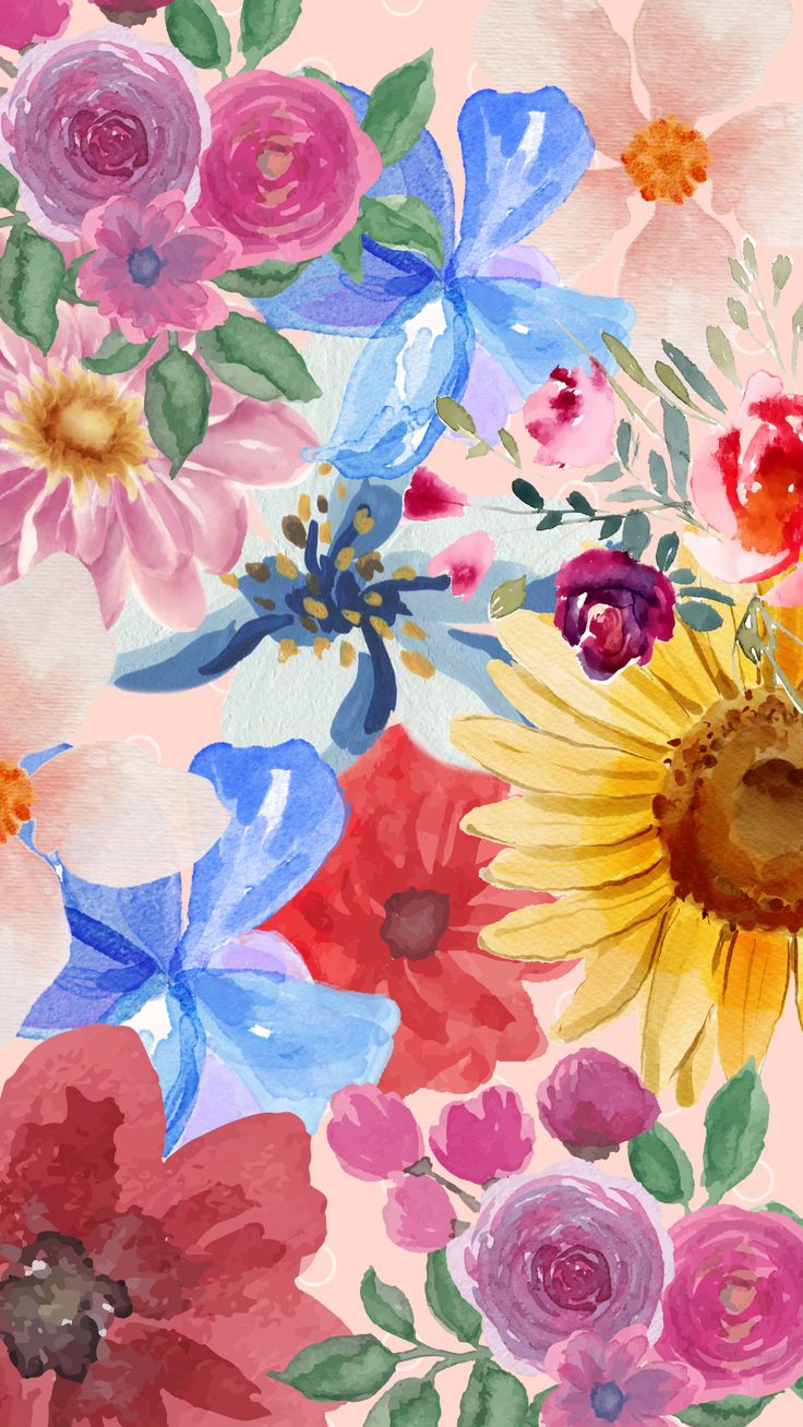 watercolor flowers on pink background with blue, red and yellow colors in the center