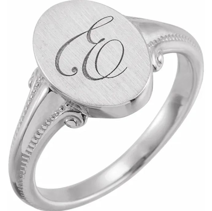 Personalized Signet Ring Features brushed oval shaped ring with option to engrave initial letter 14K Please include finger size and engraving in "Additional Notes" Engravable - see options here. Oval Signet Ring, Engraved Initials, Authentic Jewelry, Initial Letter, Initial Letters, Signet Ring, Platinum, Personalized Gifts, Initials