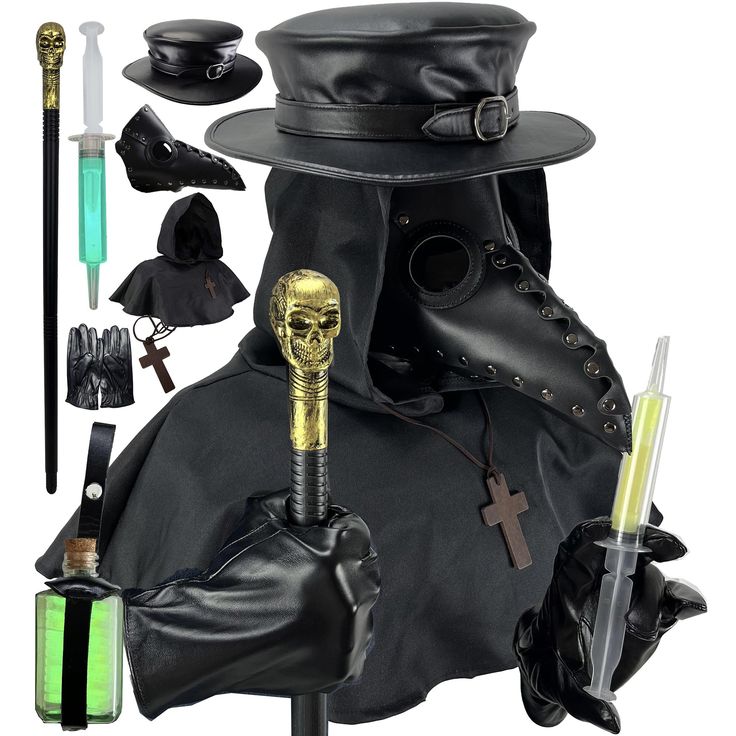 PRICES MAY VARY. Package included : 1 pc Faux Leather Hat + 1 pc Faux Leather Mask + 1 pc Walking Cane +1 pc Hooded Cloak + 1 set Gloves +1 pc Cross and 1pc Toysyringe + 1 pc Potion Bottle and Holder Mask with adjustable head belt. One size fit most. PU Leather materials. Comfortable and durable to wear. Hat with head belt and flexible chin cords for most head size. Perfect fits with the plague doctor mask. The head belt and cords protect your hat from blowing away. Great for both indoors and ou Doctor Bird, Black Leather Hat, Plague Doctor Costume, Bird Mask, Plague Doctor Mask, Doctor Costume, Doctor Mask, Bird Masks, Masquerade Costumes