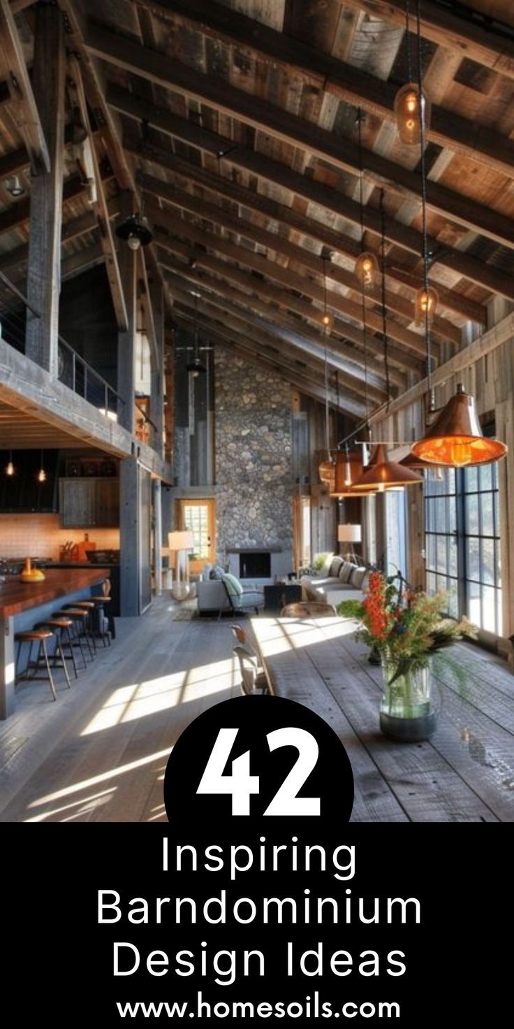 Discover 42 inspiring barndominium design ideas that beautifully combine rustic charm with modern elegance! Get design tips—visit our site today! Cathedral Ceiling Barndominium, Luxury Shed House, 1800 Sf Barndominium, Industrial Barndominium Ideas, Barndominium With Loft Ideas, Barndominium With Courtyard, Barndominium In The Woods, Barndominium Great Room, Barndominium Under 100k