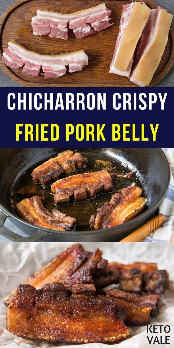 grilled pork belly in a skillet with text overlay that reads, chicharon crispy fried pork belly