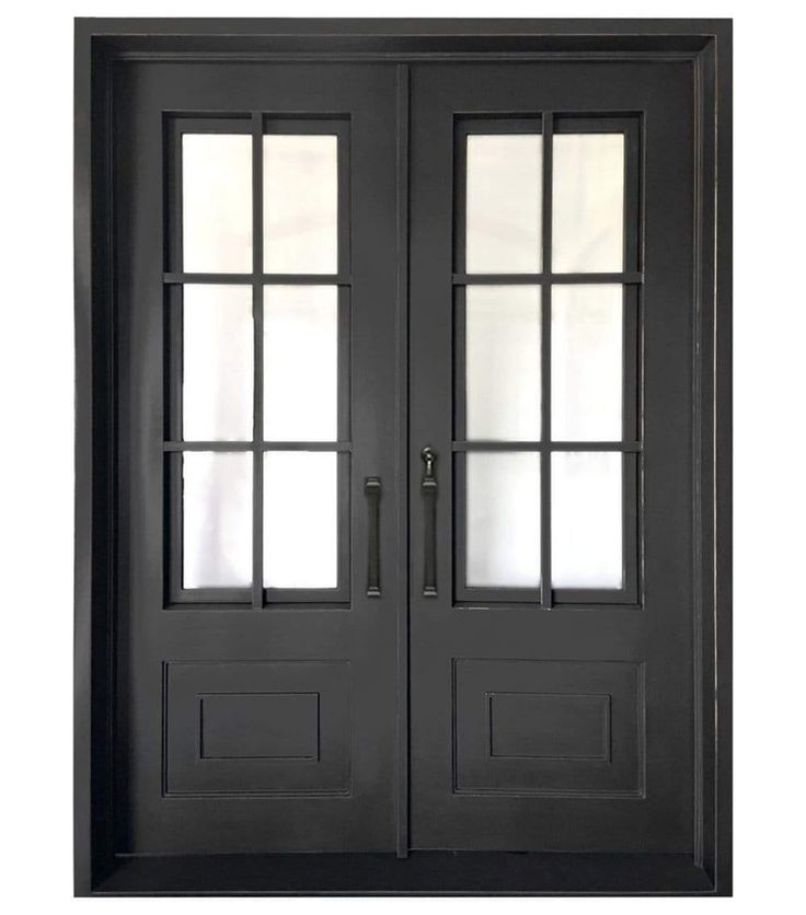 IWD Wrought Iron Double Front Entry Door CID-022-B Classic Grid Design Square Top Operable Glass with Screens Double Front Entry Door, Rain Glass Door, Mediterranean Front Doors, Iron Front Doors, Wood Front Entry Doors, Entry Door With Sidelights, Wrought Iron Entry Doors, Double Front Entry Doors, Wrought Iron Front Door