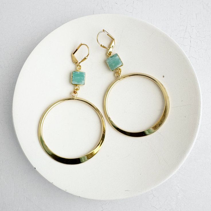 Amazonite Hoop Dangle Earrings in Gold Long Statement Earrings, Earrings Gold Hoop, Hoop Dangle Earrings, Dangle Earrings Gold, Spoon Jewelry, Gold Statement Earrings, Earrings In Gold, Bead Jewellery, Gold Earrings Dangle