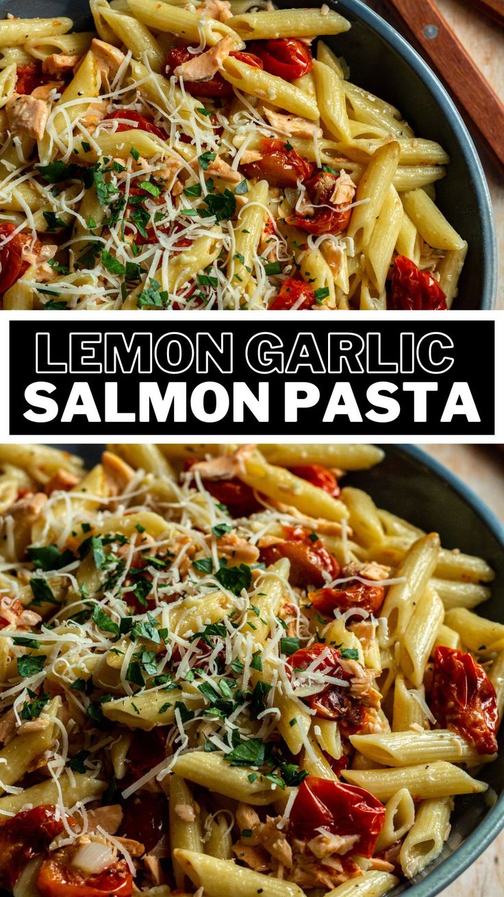 Salmon pasta in a blue bowl. Pasta Without Cream, Salmon Pasta Recipe, Dairy Free Pasta Recipes, Salmon Pasta Recipes, Gluten Free Salmon, Lemon Garlic Sauce, Flaked Salmon, Lobster Dishes, Dairy Free Pasta