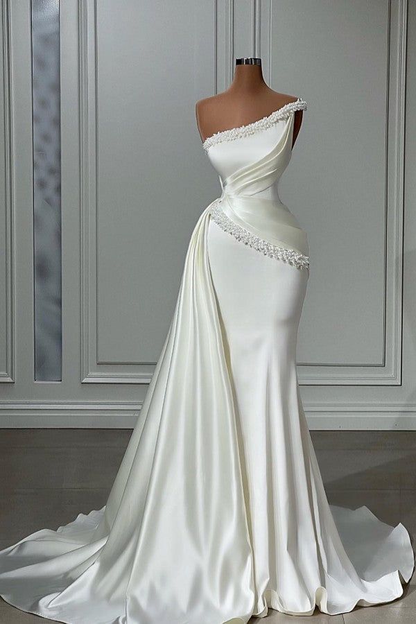 Mermaid Asymmetrical Beaded Floor-length Sleeveless With Side Train Prom Dress White Elegant Dress, Hacienda Wedding, Venue Decorations, Mermaid Wedding Dresses, White Wedding Dress, Bling Wedding, Pearl Dress, Wedding Dress Fabrics, Life Ideas