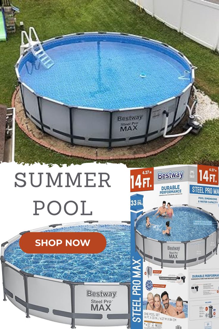 an above ground swimming pool in the middle of a yard with text reading summer pool shop now