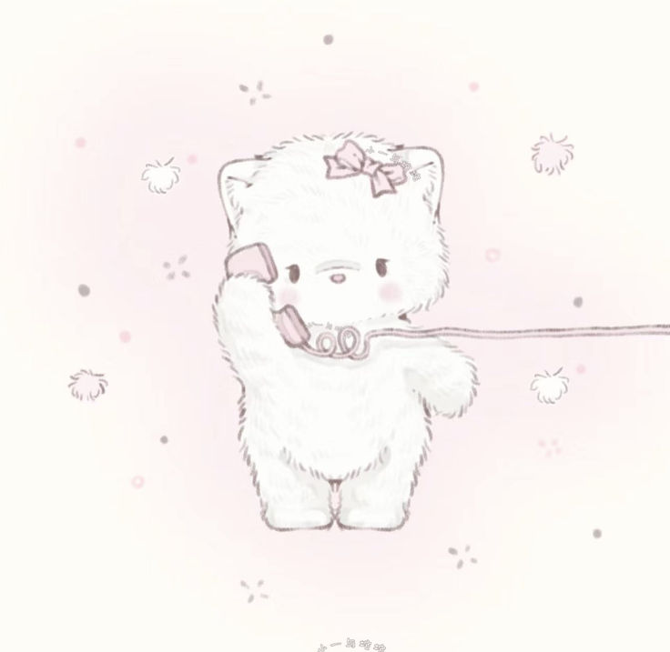 a drawing of a white bear with a pink bow on it's head holding onto a string