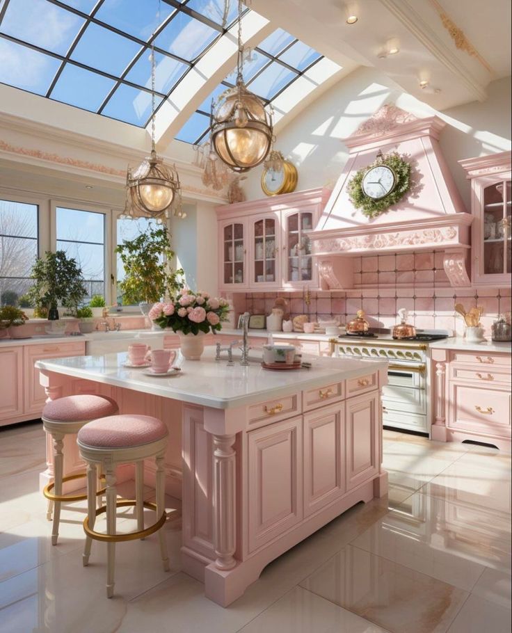 a kitchen with pink cabinets and white counter tops, two stools at the island