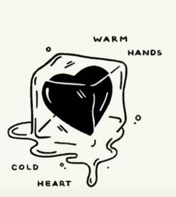 a black and white drawing of a heart with the words warm hands cold heart on it