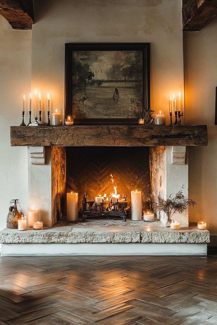 a fireplace with candles lit in front of it