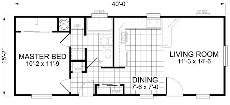 the floor plan for a mobile home with two bedroom and living quarters, including an attached bathroom