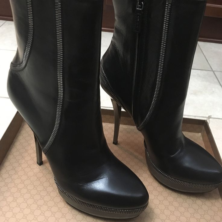 Brand New Size 9 Gucci Boots. Approximately 4.5 Inches With A1.5 Inch Platform. Gucci Luxury Heeled Boots For Formal Occasions, Gucci Designer Heeled Boots For Formal Occasions, Designer Gucci Heeled Boots For Formal Occasions, Gucci Luxury Formal Heeled Boots, Gucci High Heel Evening Boots, Gucci Elegant Ankle Boots, Gucci Leather Party Boots, Gucci Black Evening Boots, Gucci Boots With Reinforced Heel For Formal Occasions