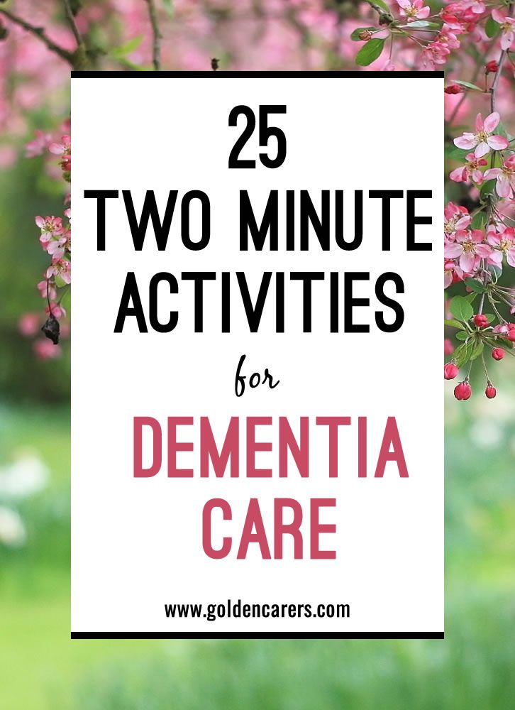 Two Minute Activities for Dementia Care Memory Care Activities, Activities For Seniors, Senior Living Activities, Nursing Home Activities, Alzheimers Activities, Alzheimer Care, Recreation Therapy, Elderly Activities, Activity Director