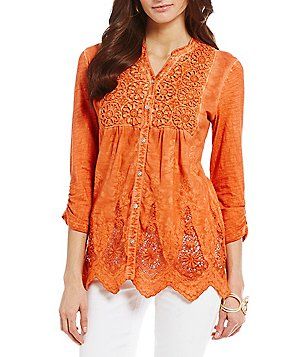 Reba Katie Embroidered Tunic Casual Embroidered Spring Tunic Top, Casual Embroidered Spring Tunic, Casual Spring Tunic With Embroidery, Casual Spring Embroidered Tunic, Casual Embroidered Tunic For Spring, Peasant Style 3/4 Sleeve Spring Tops, Peasant Style 3/4 Sleeve Tops For Spring, Spring Peasant Top With 3/4 Sleeves, Casual Spring Tunic With Floral Embroidery