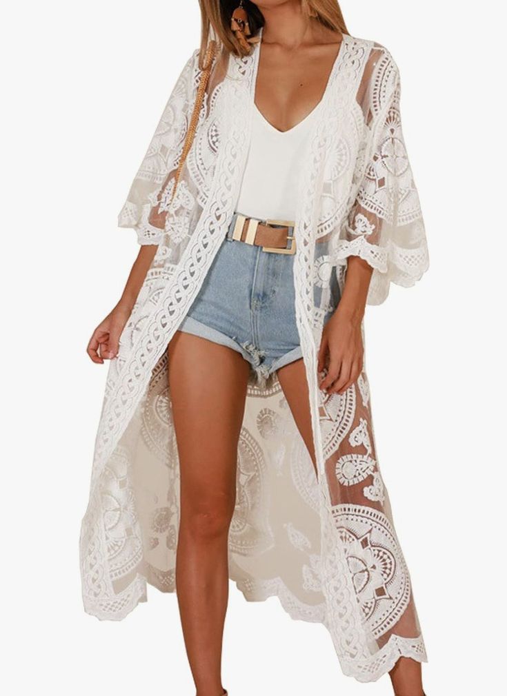 Inverted Triangle Body Shape: Capsule Wardrobe Picknick Outfits, Lace Beach Dress, Boho Mode, Kimono Outfit, Long Beach Dress, Lace Kimono, Embroidered Cardigan, Lace Jacket, Boho Kimono