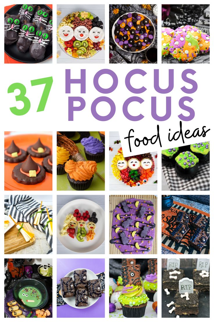 the cover of 37 hoccusus food ideas is shown in many different pictures, including cupcakes and cookies