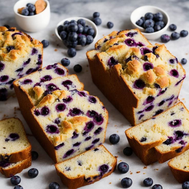 slices of blueberry bread on a cutting board with small bowls of blueberries around them