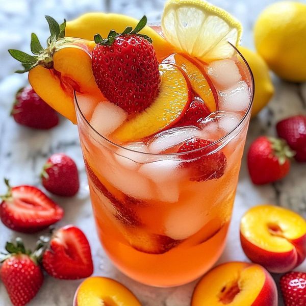 a glass filled with ice and fruit on top of a table