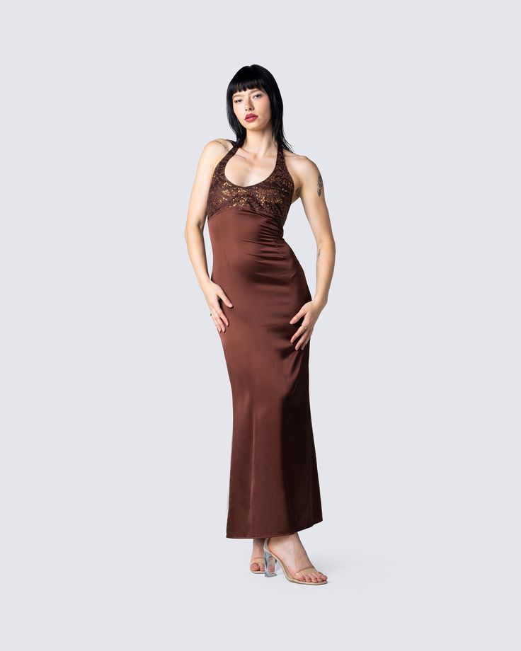 Make the outside just as beautiful as the inside while exuding elegance in this brown halter dress detailed with sequins and a tie-up back 🤎✨ Brown Dress Vintage, Fitted Brown Halter Neck Dress, Glamorous Sleeveless Brown Dress, Fitted Brown Slip Dress For Date Night, Brown Fitted Slip Dress For Night Out, Chic Brown Maxi Evening Dress, Chic Brown Evening Maxi Dress, Fitted Brown Slip Dress For Night Out, Elegant Brown Maxi Dress For Night Out