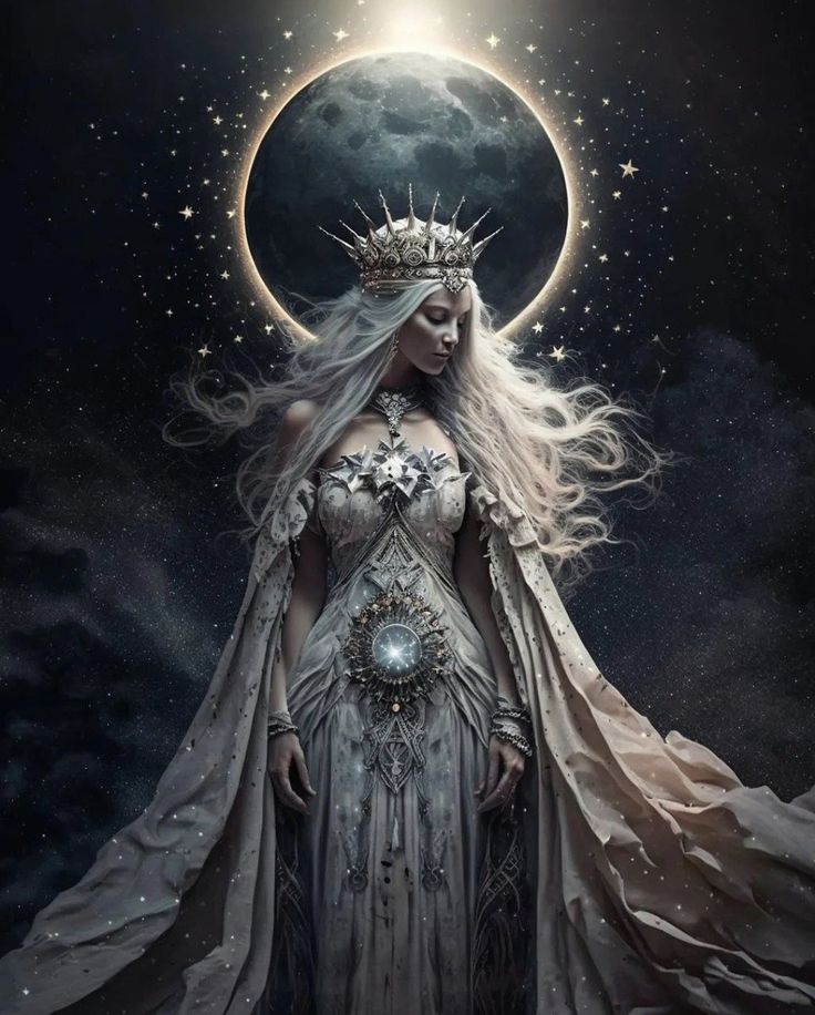 a woman with long hair wearing a crown standing in front of a moon filled sky