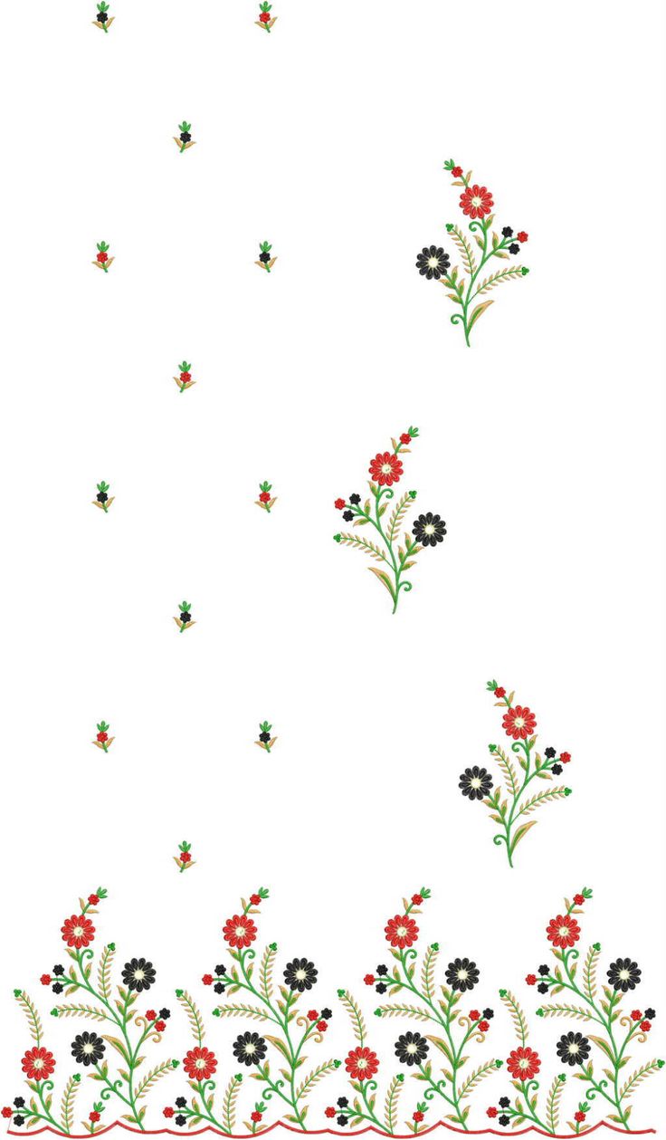 a white background with red and black flowers on the bottom, and green stems in the middle