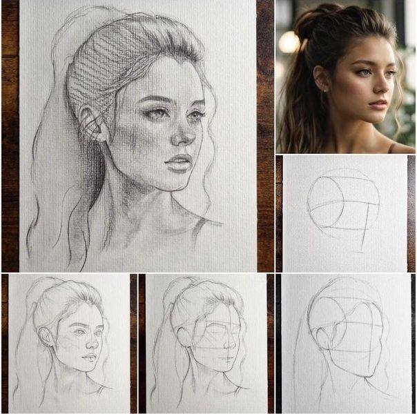 the process of drawing a woman's head with pencils on paper, and then using