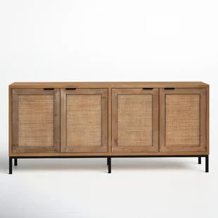 the sideboard is made out of wood and has two doors on one side, and three drawers on the other