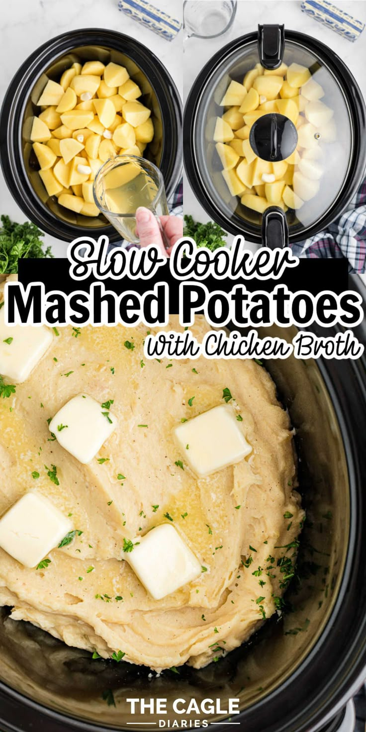 slow cooker mashed potatoes with garlic and parsley in the crock pot