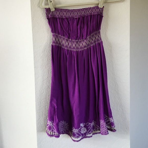 Dress NWT 100% rayon embroidery strapless dress. Pinky Dresses Strapless Purple Mini Sundress, Sleeveless Purple Summer Dress, Sleeveless Purple Beach Dress, Strapless Purple Spring Dress, Strapless Purple Dresses For The Beach, Sleeveless Purple Cotton Mini Dress, Purple Fitted Sundress For Beach, Purple Fitted Sundress For The Beach, Purple Sleeveless Cotton Mini Dress