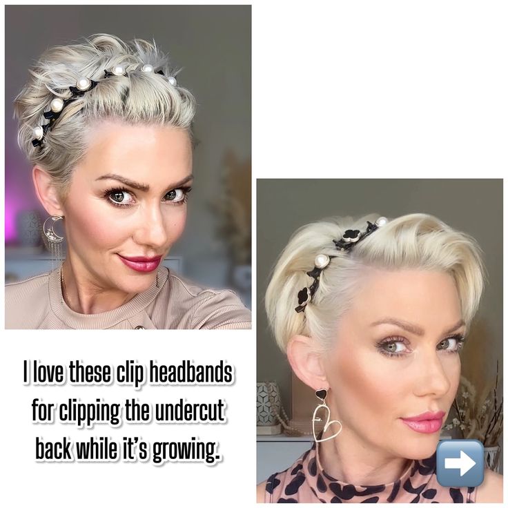 Hairstyles For Growing Out A Pixie, Growing Out A Pixie Cut Stages, Growing Pixie Cut, Growing Out An Undercut, Pixie Hair Accessories, Pixie Cut Headband, Grow Out Pixie, Grow Out A Pixie, Growing Out Pixie Cut