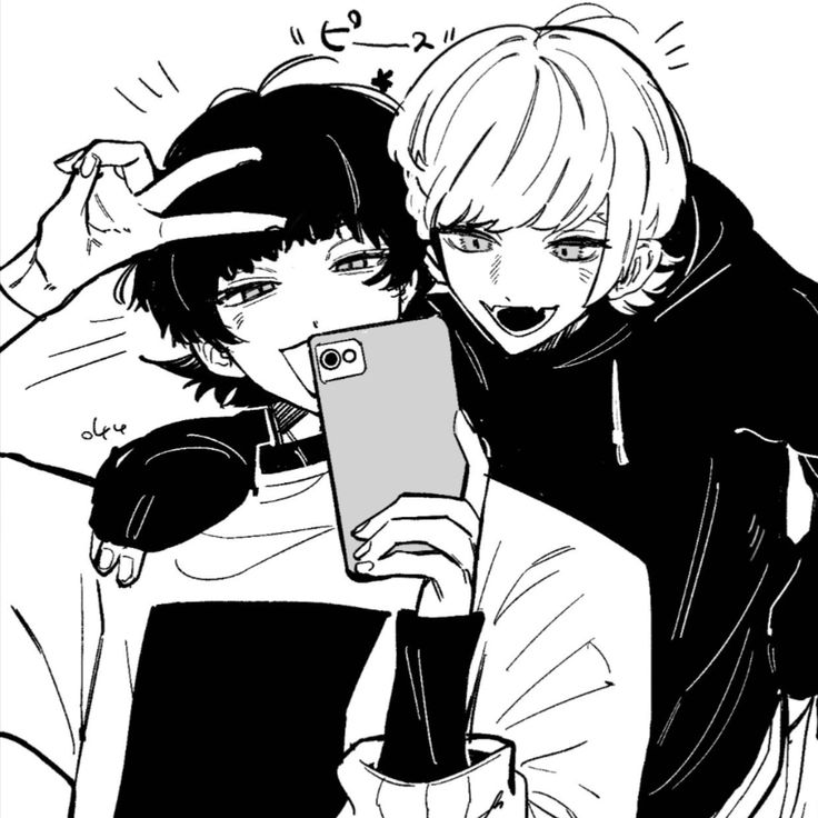 two anime characters are looking at a cell phone together, one is holding the other's head